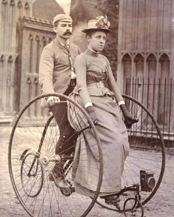 Victorian tandem bicycle photo, 1890s couple image, rare Victorian photography
